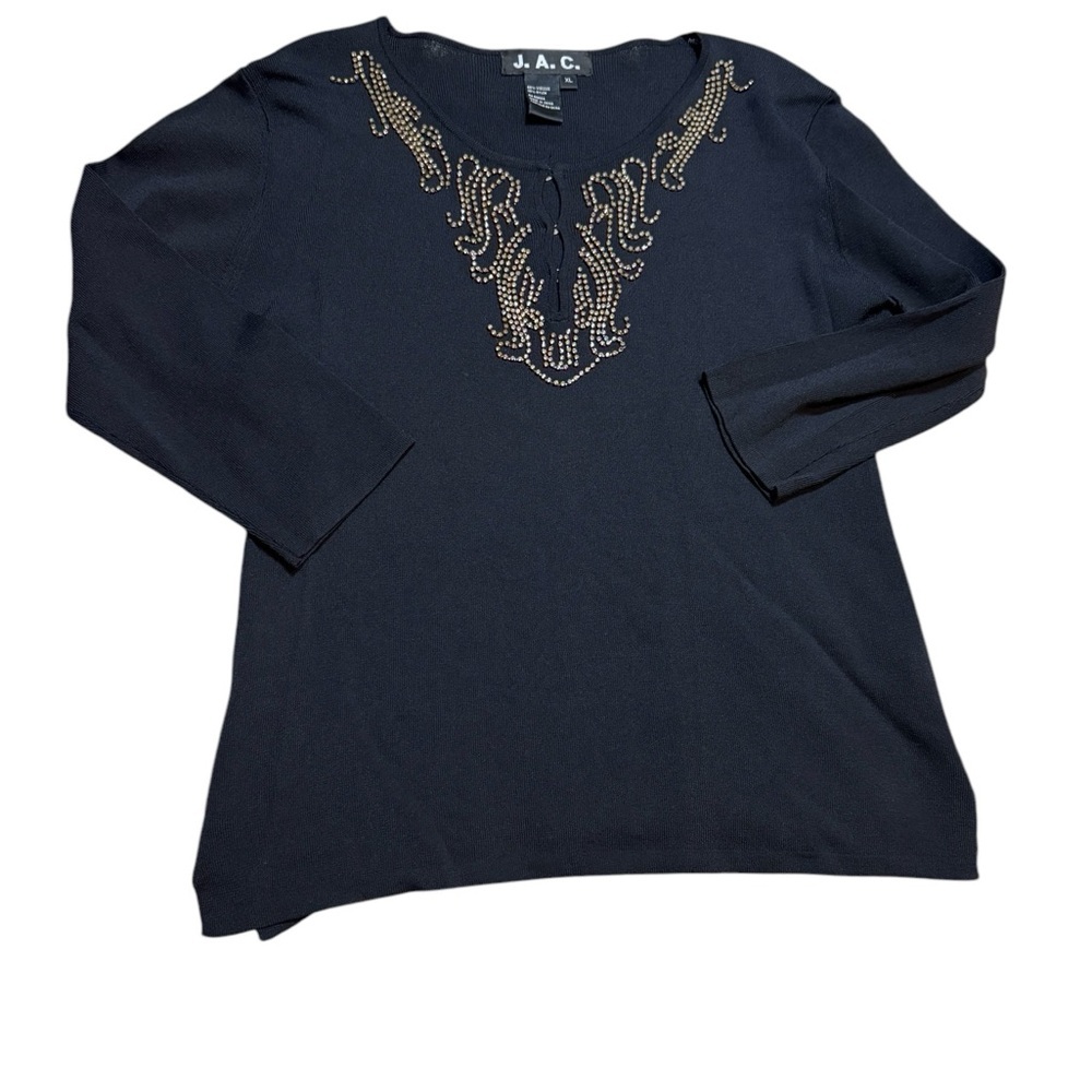 🖤 J.A.C Rhinestone Embellished 3/4 Sleeve Top XL‎ Black ✨